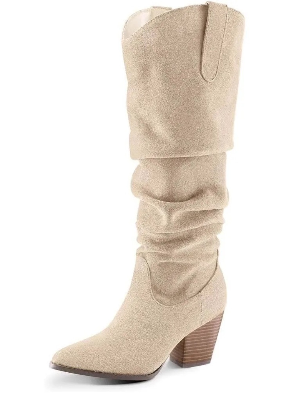 Slouchy Mid-Calf Heeled Boot in Light Beige